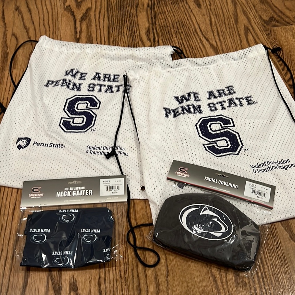 Bundle of Penn State pull string back packs, mask and neck gaiter